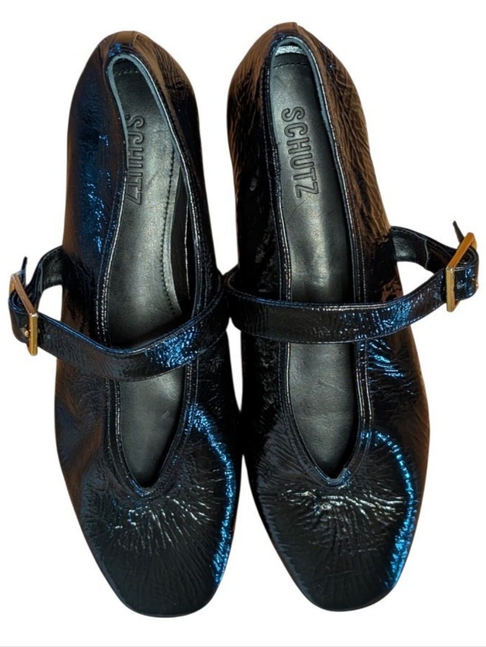 Schutz Vick Black Crinkle Patent Leather Mary Jane Ballet Flats size 9B Brazil
